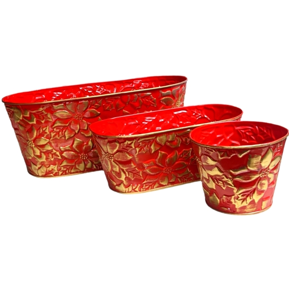 Burton & Burton Other - Burton & Burton Red & Gold Metal Holiday Christmas Floral Tin Planter Set of 3